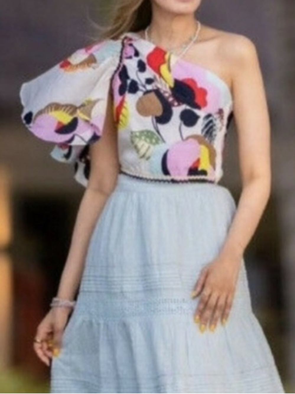 Zara One-Shoulder Floral Print Top in White, Pink, Yellow & Black